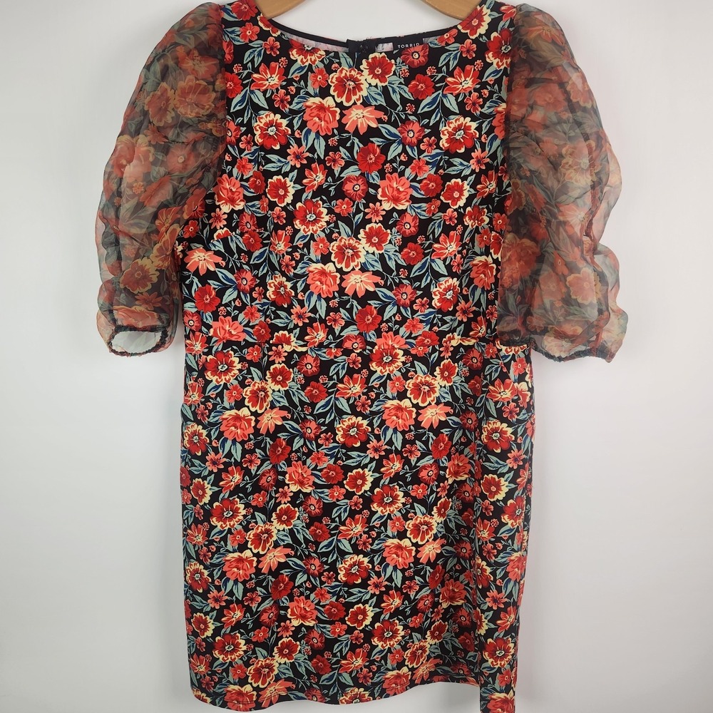 Torrid Mini Scuba Crepe Organza High Neck Puff Sleeve Dress Size 16